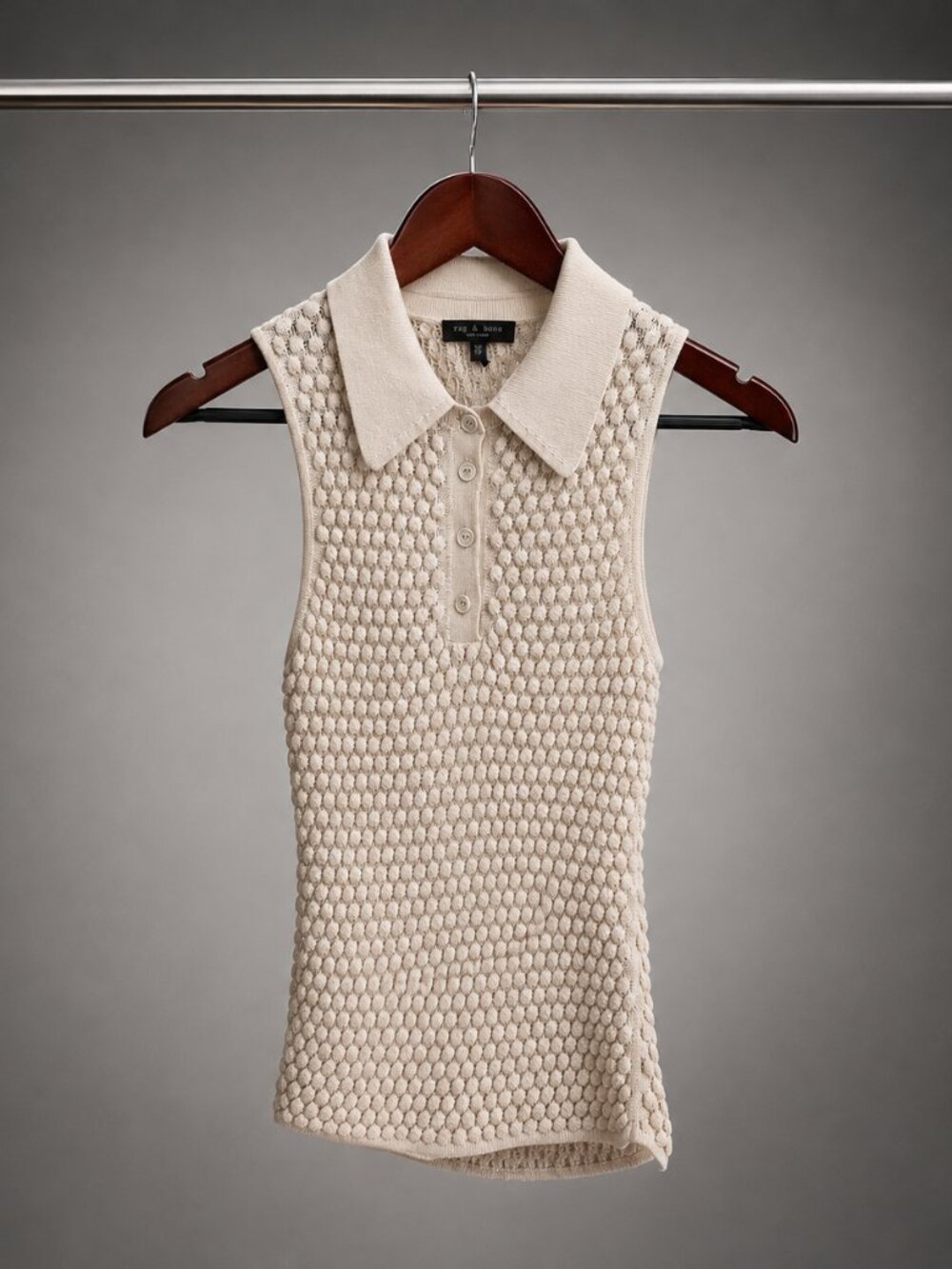 rag & bone Sleeveless Knit Polo Top Beige Cream Textured Bubble Stitch Sz XXS